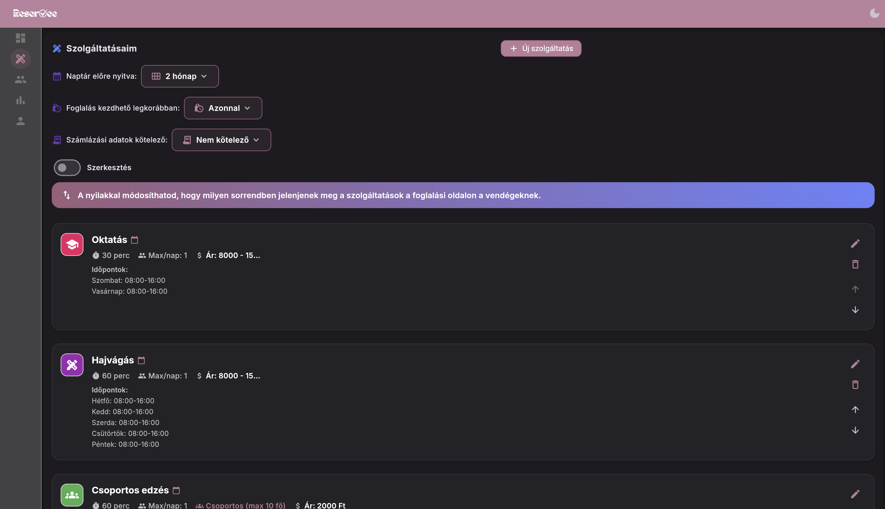 Reservee szolgáltatáskezelés
