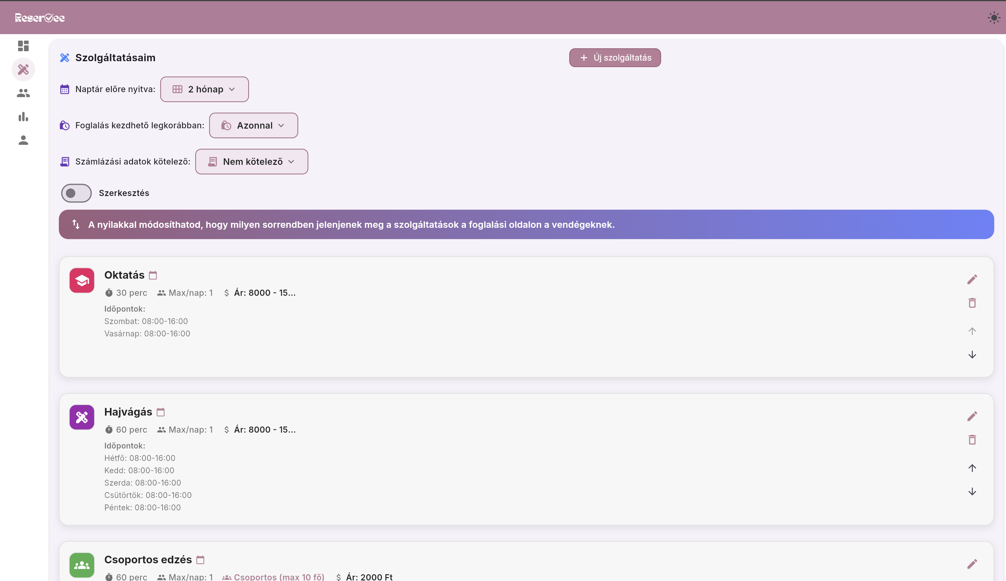 Reservee szolgáltatáskezelés